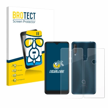 Vorderseite einer Produktverpackung mit dem Markenlogo BROTECT. Daneben ist das Gerät Alcatel 1S 2020 (Display+Rückseite) mit 