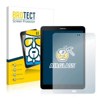Vorderseite einer Produktverpackung mit dem Markenlogo BROTECT. Daneben ist das Gerät Samsung Galaxy Tab S3 mit dem zugehörige