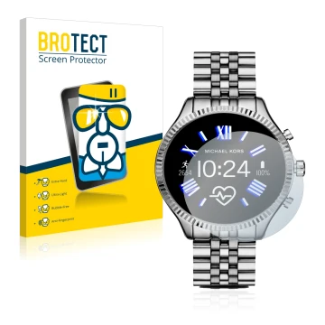 Vorderseite einer Produktverpackung mit dem Markenlogo BROTECT. Daneben ist das Gerät Michael Kors Access Gen 5 Lexington mit 