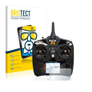 Vorderseite einer Produktverpackung mit dem Markenlogo BROTECT. Daneben ist das Gerät Spektrum NX6 mit dem zugehörigen Display
