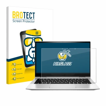 Vorderseite einer Produktverpackung mit dem Markenlogo BROTECT. Daneben ist das Gerät HP EliteBook x360 830 G8 mit dem zugehör