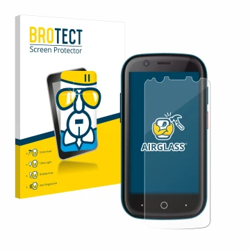 Vorderseite einer Produktverpackung mit dem Markenlogo BROTECT. Daneben ist das Gerät Unihertz Jelly 2 mit dem zugehörigen Dis