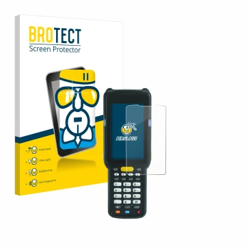 Vorderseite einer Produktverpackung mit dem Markenlogo BROTECT. Daneben ist das Gerät Zebra MC3300X mit dem zugehörigen Displa