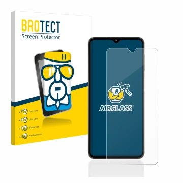 Vorderseite einer Produktverpackung mit dem Markenlogo BROTECT. Daneben ist das Gerät Samsung Galaxy A32 5G mit dem zugehörige
