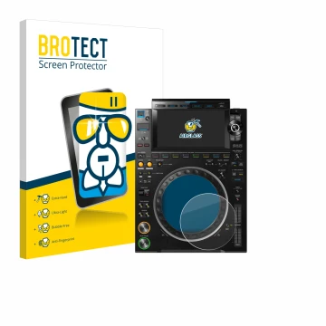 Vorderseite einer Produktverpackung mit dem Markenlogo BROTECT. Daneben ist das Gerät Pioneer CDJ 3000 (Kreis) mit dem zugehör