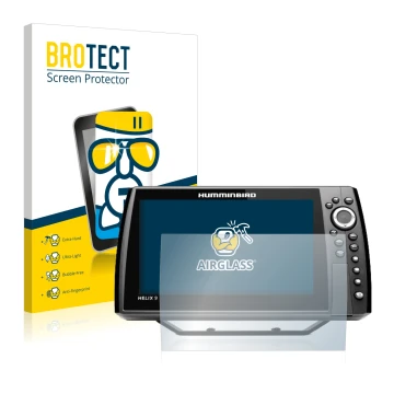 Vorderseite einer Produktverpackung mit dem Markenlogo BROTECT. Daneben ist das Gerät Humminbird Helix 9 CHIRP MSI+ GPS G4N mi