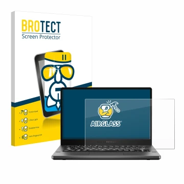 Vorderseite einer Produktverpackung mit dem Markenlogo BROTECT. Daneben ist das Gerät ASUS ROG Zephyrus G14 GA401 mit dem zuge