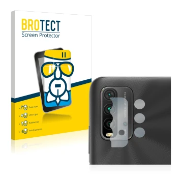 Vorderseite einer Produktverpackung mit dem Markenlogo BROTECT. Daneben ist das Gerät Xiaomi Redmi 9T (NUR Kameraschutz) mit d