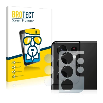 Vorderseite einer Produktverpackung mit dem Markenlogo BROTECT. Daneben ist das Gerät Samsung Galaxy S21 Ultra 5G (NUR Kameras