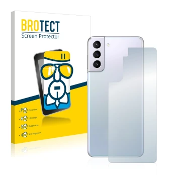 Vorderseite einer Produktverpackung mit dem Markenlogo BROTECT. Daneben ist das Gerät Samsung Galaxy S21 Plus 5G (Rückseite) m