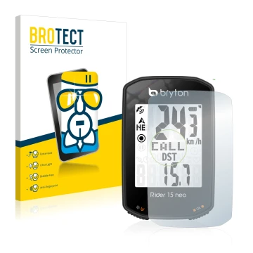 Vorderseite einer Produktverpackung mit dem Markenlogo BROTECT. Daneben ist das Gerät Bryton Rider 15 neo mit dem zugehörigen 
