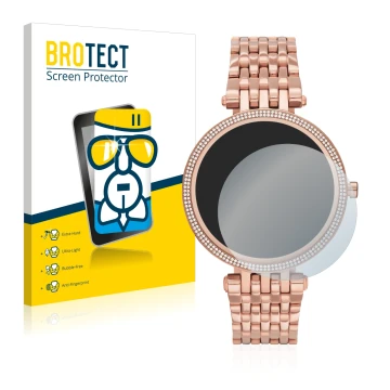Vorderseite einer Produktverpackung mit dem Markenlogo BROTECT. Daneben ist das Gerät Michael Kors Access Darci Gen 5E mit dem