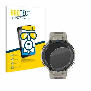 Vorderseite einer Produktverpackung mit dem Markenlogo BROTECT. Daneben ist das Gerät Huami Amazfit T-Rex Pro mit dem zugehöri
