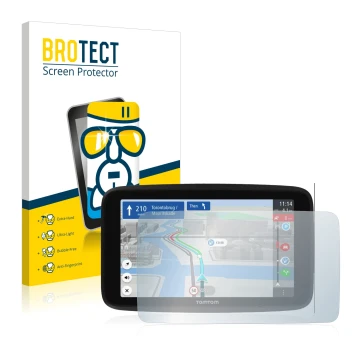 Vorderseite einer Produktverpackung mit dem Markenlogo BROTECT. Daneben ist das Gerät TomTom GO Discover 6