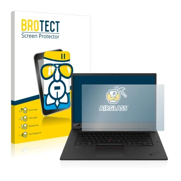 Vorderseite einer Produktverpackung mit dem Markenlogo BROTECT. Daneben ist das Gerät Lenovo ThinkPad P1 Gen 3 mit dem zugehör