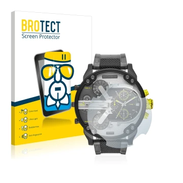 Vorderseite einer Produktverpackung mit dem Markenlogo BROTECT. Daneben ist das Gerät Diesel DZ7422 Mr. Daddy 2.0 mit dem zuge