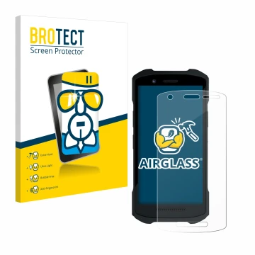 Vorderseite einer Produktverpackung mit dem Markenlogo BROTECT. Daneben ist das Gerät Zebra TC26 mit dem zugehörigen Displaysc