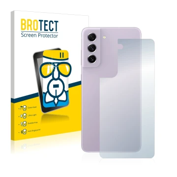 Vorderseite einer Produktverpackung mit dem Markenlogo BROTECT. Daneben ist das Gerät Samsung Galaxy S21 FE 5G (Rückseite) mit