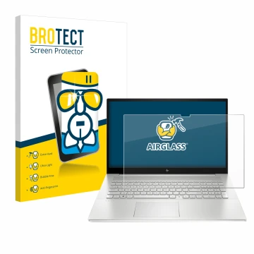 Vorderseite einer Produktverpackung mit dem Markenlogo BROTECT. Daneben ist das Gerät HP Envy 17-cX mit dem zugehörigen Displa