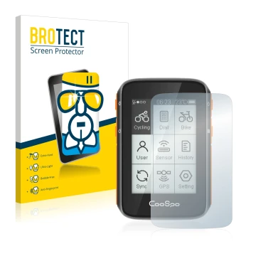 Vorderseite einer Produktverpackung mit dem Markenlogo BROTECT. Daneben ist das Gerät CooSpo BC200 mit dem zugehörigen Display