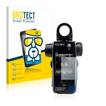 Vorderseite einer Produktverpackung mit dem Markenlogo BROTECT. Daneben ist das Gerät Sekonic L858D mit dem zugehörigen Displa