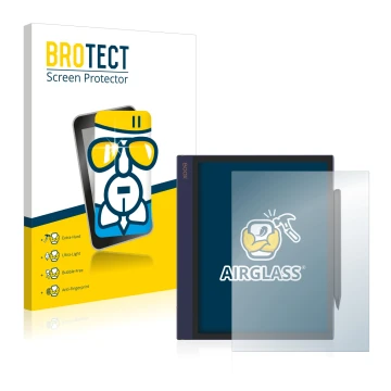 Vorderseite einer Produktverpackung mit dem Markenlogo BROTECT. Daneben ist das Gerät Boox Note Air mit dem zugehörigen Displa