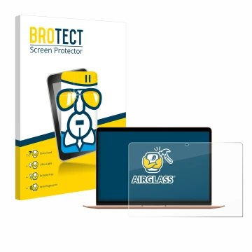 Vorderseite einer Produktverpackung mit dem Markenlogo BROTECT. Daneben ist das Gerät Apple MacBook Air M1 2020 mit dem zugehö