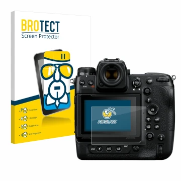 Vorderseite einer Produktverpackung mit dem Markenlogo BROTECT. Daneben ist das Gerät Nikon Z 9 mit dem zugehörigen Displaysch