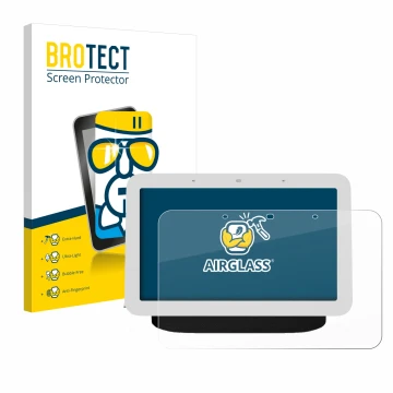 Vorderseite einer Produktverpackung mit dem Markenlogo BROTECT. Daneben ist das Gerät Google Nest Hub 2 mit dem zugehörigen Di