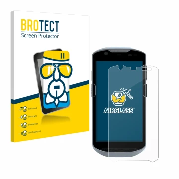 Vorderseite einer Produktverpackung mit dem Markenlogo BROTECT. Daneben ist das Gerät Zebra TC52x mit dem zugehörigen Displays