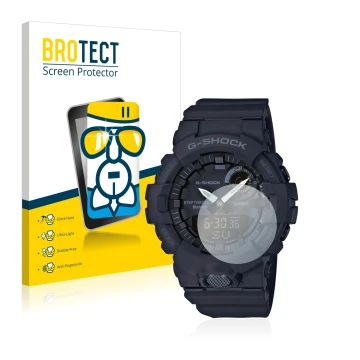 Vorderseite einer Produktverpackung mit dem Markenlogo BROTECT. Daneben ist das Gerät Casio G-Shock GBA800 mit dem zugehörigen