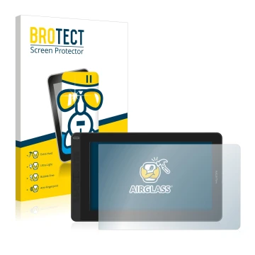 Vorderseite einer Produktverpackung mit dem Markenlogo BROTECT. Daneben ist das Gerät Huion Kamvas 13 mit dem zugehörigen Disp