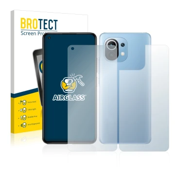 Vorderseite einer Produktverpackung mit dem Markenlogo BROTECT. Daneben ist das Gerät Xiaomi Mi 11 Lite 5G (Display+Rückseite)
