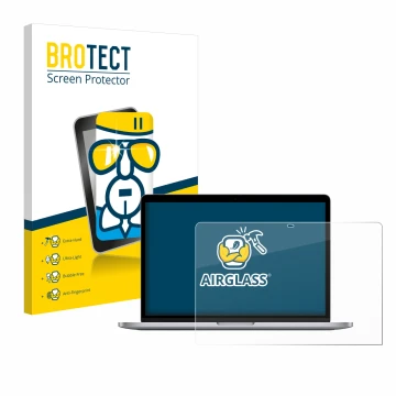 Vorderseite einer Produktverpackung mit dem Markenlogo BROTECT. Daneben ist das Gerät Apple MacBook Pro 13