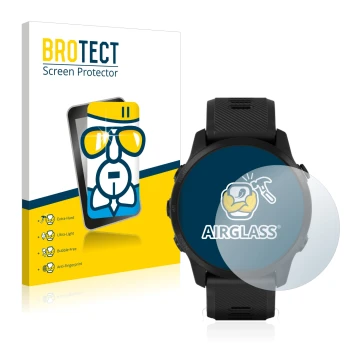 Vorderseite einer Produktverpackung mit dem Markenlogo BROTECT. Daneben ist das Gerät Garmin Forerunner 945 LTE mit dem zugehö