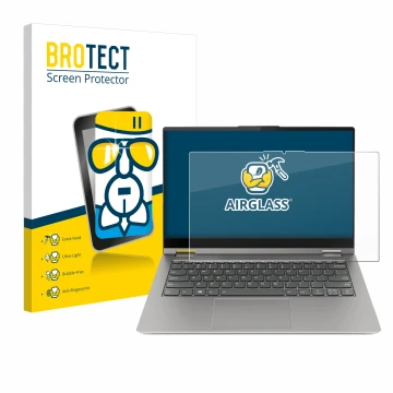 Vorderseite einer Produktverpackung mit dem Markenlogo BROTECT. Daneben ist das Gerät Lenovo ThinkBook 14s Yoga mit dem zugehö