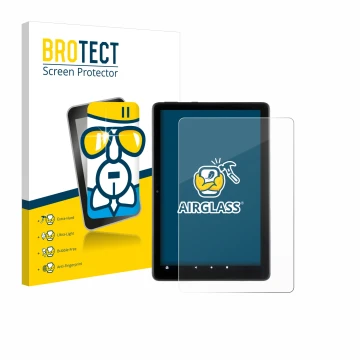 Vorderseite einer Produktverpackung mit dem Markenlogo BROTECT. Daneben ist das Gerät Amazon Fire HD 10 2021 (11. Gen.) mit de