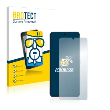 Vorderseite einer Produktverpackung mit dem Markenlogo BROTECT. Daneben ist das Gerät Vivo V21 5G mit dem zugehörigen Displays