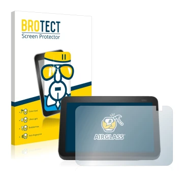 Vorderseite einer Produktverpackung mit dem Markenlogo BROTECT. Daneben ist das Gerät Amazon Echo Show 8 2021 (2. Gen.) mit de