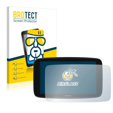 Vorderseite einer Produktverpackung mit dem Markenlogo BROTECT. Daneben ist das Gerät TomTom Go Expert 6