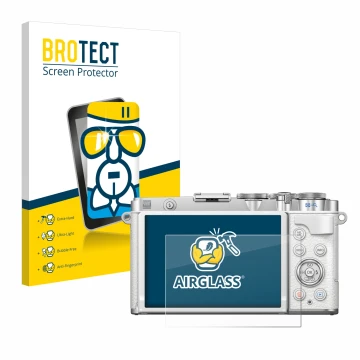 Vorderseite einer Produktverpackung mit dem Markenlogo BROTECT. Daneben ist das Gerät Olympus PEN E-P7 mit dem zugehörigen Dis