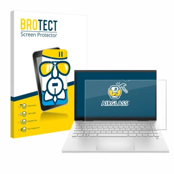 Vorderseite einer Produktverpackung mit dem Markenlogo BROTECT. Daneben ist das Gerät HP Pavilion x360 (14-dyX) mit dem zugehö