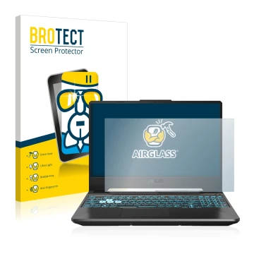 Vorderseite einer Produktverpackung mit dem Markenlogo BROTECT. Daneben ist das Gerät ASUS TUF Gaming A15 mit dem zugehörigen 