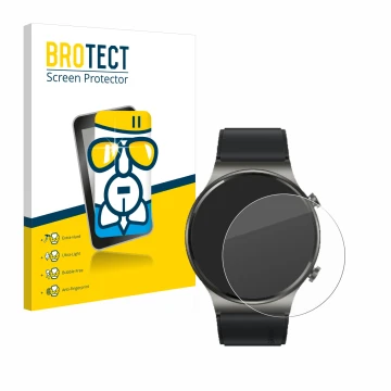 Vorderseite einer Produktverpackung mit dem Markenlogo BROTECT. Daneben ist das Gerät Huawei Watch GT 2 Pro ECG mit dem zugehö