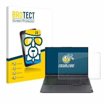 Vorderseite einer Produktverpackung mit dem Markenlogo BROTECT. Daneben ist das Gerät Lenovo Legion 5 Pro mit dem zugehörigen 