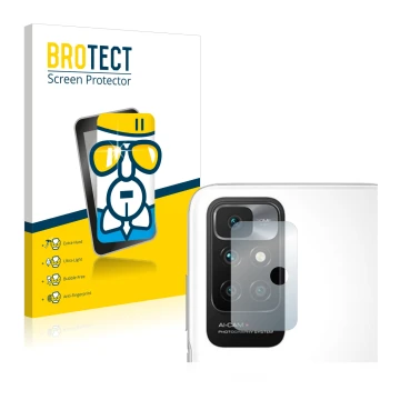 Vorderseite einer Produktverpackung mit dem Markenlogo BROTECT. Daneben ist das Gerät Xiaomi Redmi 10 (NUR Kameraschutz) mit d