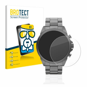 Vorderseite einer Produktverpackung mit dem Markenlogo BROTECT. Daneben ist das Gerät Fossil Gen 6 (44mm) mit dem zugehörigen 