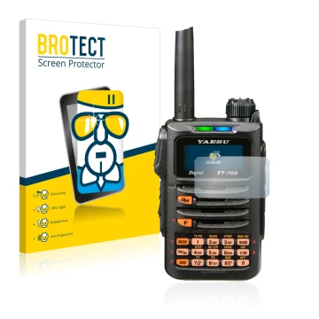 Vorderseite einer Produktverpackung mit dem Markenlogo BROTECT. Daneben ist das Gerät Yaesu FT-70DR mit dem zugehörigen Displa