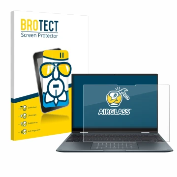 Vorderseite einer Produktverpackung mit dem Markenlogo BROTECT. Daneben ist das Gerät ASUS ZenBook 14 Flip OLED mit dem zugehö