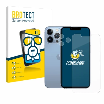 Vorderseite einer Produktverpackung mit dem Markenlogo BROTECT. Daneben ist das Gerät Apple iPhone 13 Pro (Display+Kamera) mit